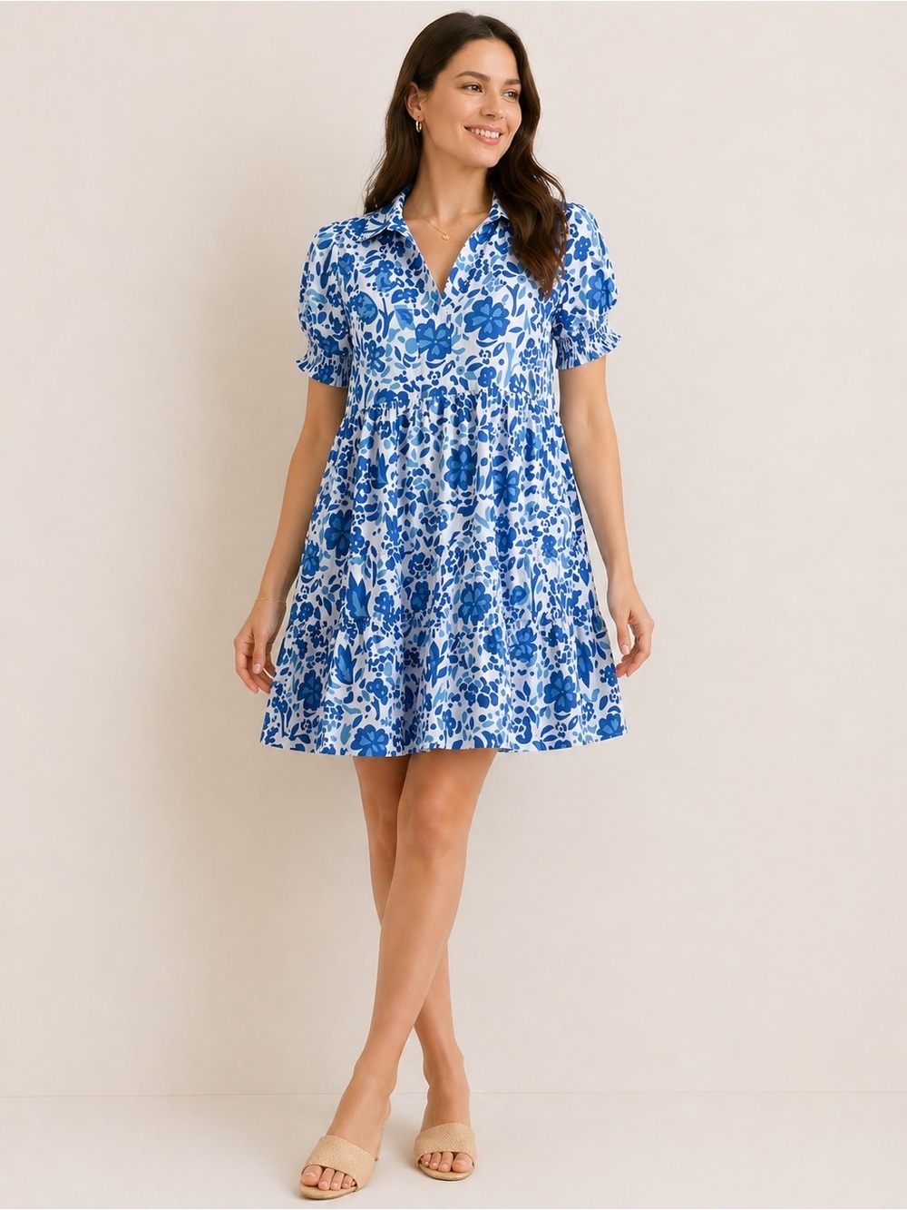 THML Blue White Floral Dress Anthropologie Short Sleeve Tiered Babydoll Dress XS
